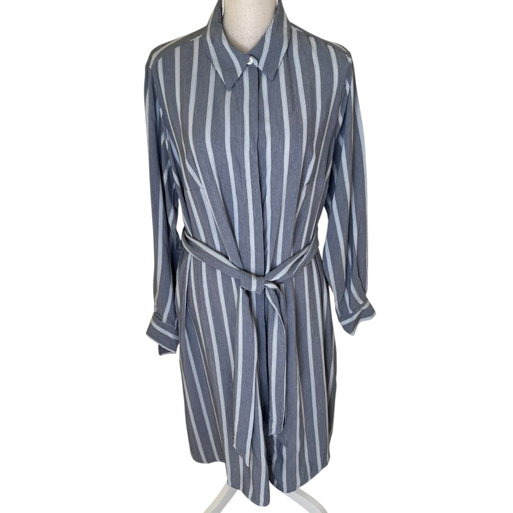 Maree Pour Toi Blue with White Stripe Long Sleeve Belted Shirt Dress 14